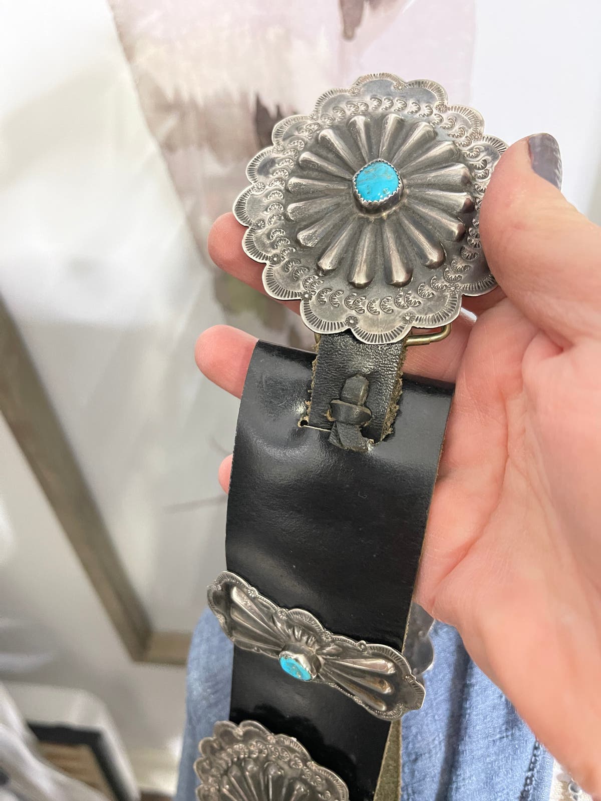 LF DESIGNS 1970s Sterling Silver and Turquoise Concho Black Leather Belt Buckle Spectacular Vintage Native American Navajo Green Turquoise  main image 2