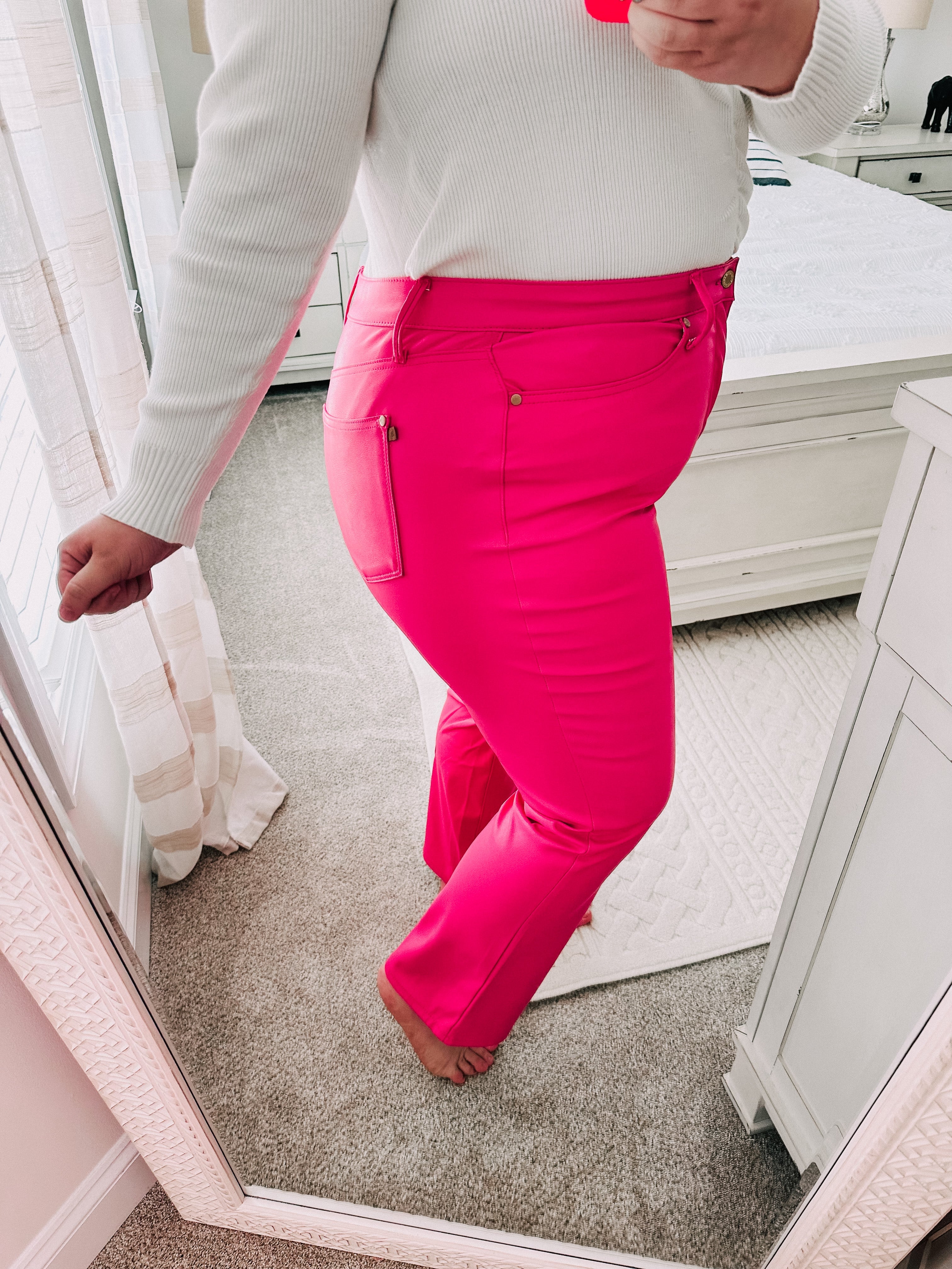 Judy Blue Tanya Control Top Faux Leather Pants in Hot Pink Silver Lace Boutique Women s Fashion Heaven