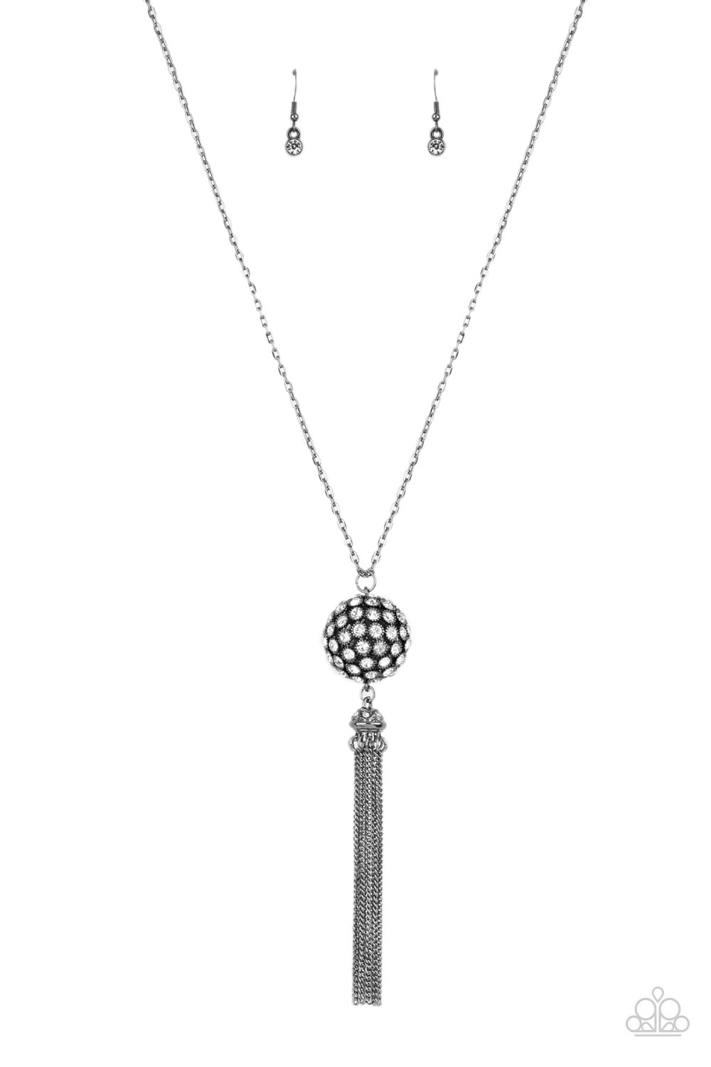 Rhinestone Revolution Black Gunmetal White Rhinestone Tassel Long Necklace Paparazzi Sugar Bee Bling Paparazzi Jewelry and Accessories