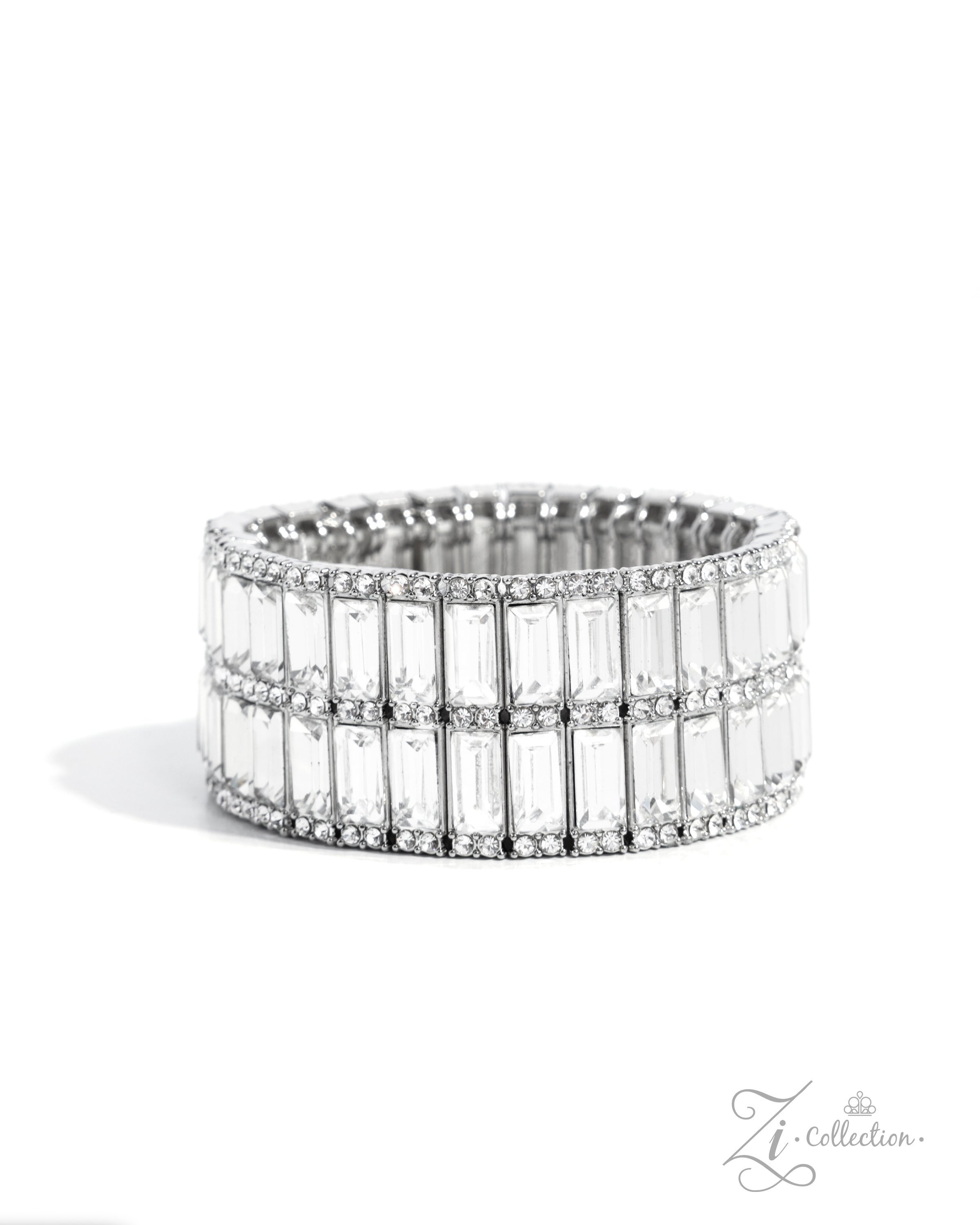 Ambitious Arrangement - White Rectangle Gem Silver Stretchy