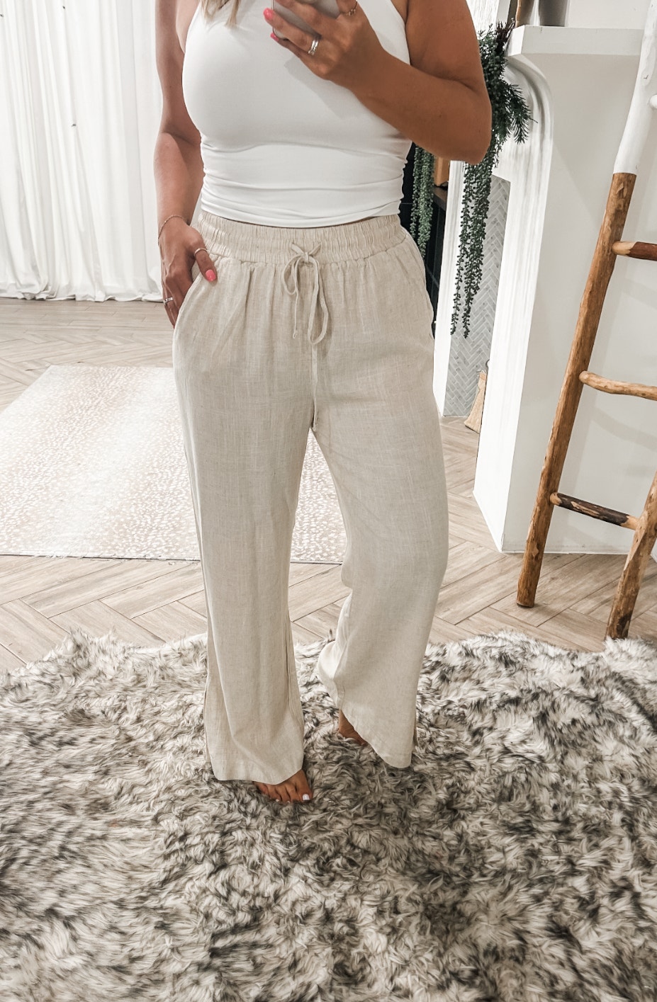 Oatmeal drawstring waist side slit linen blend pants TARAH SUTTON