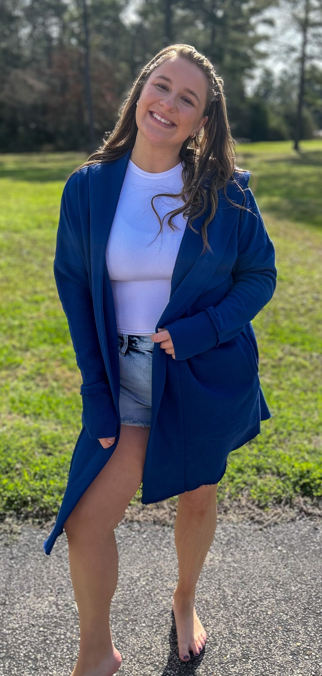 Deep blue longline hoodie cardigan (Mono B) | TARAH SUTTON