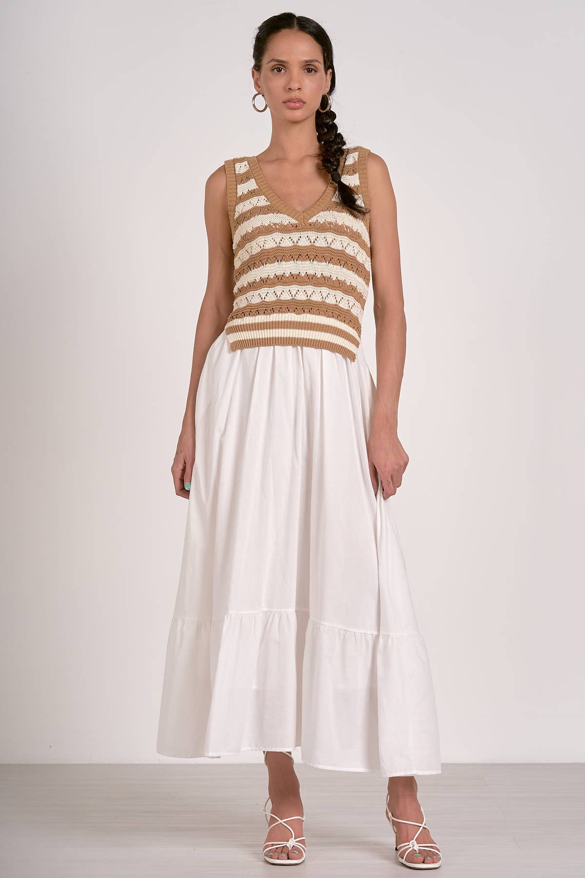 elan mixed media midi dress White & tan striped sleeveless mixed media midi dress (Elan)