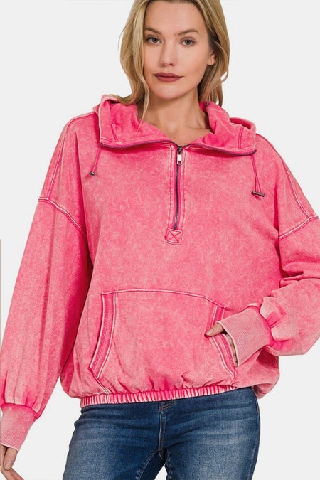 ◆Hina◆ Zenana Drawstring Half Zip Dropped Shoulder Hoodie | The