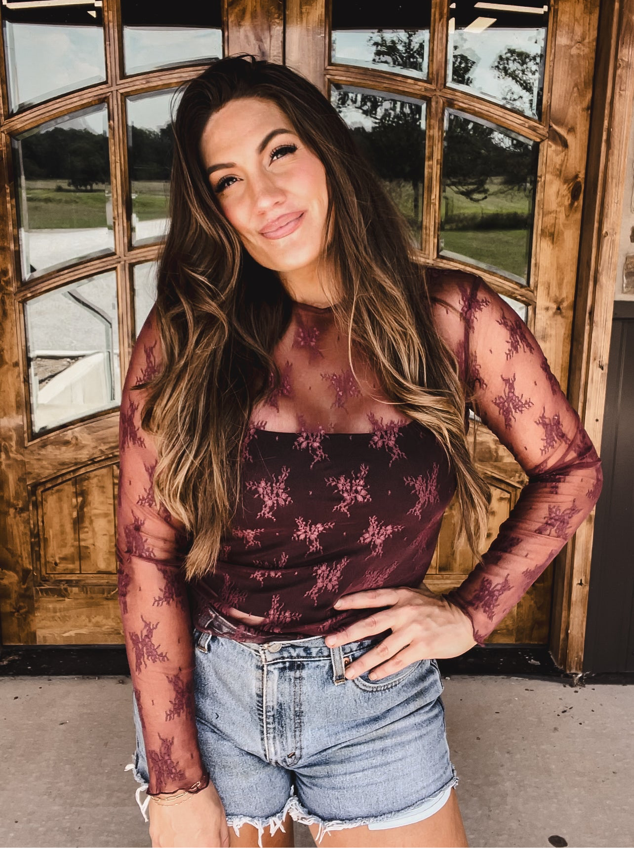 burgundy mesh top long sleeve