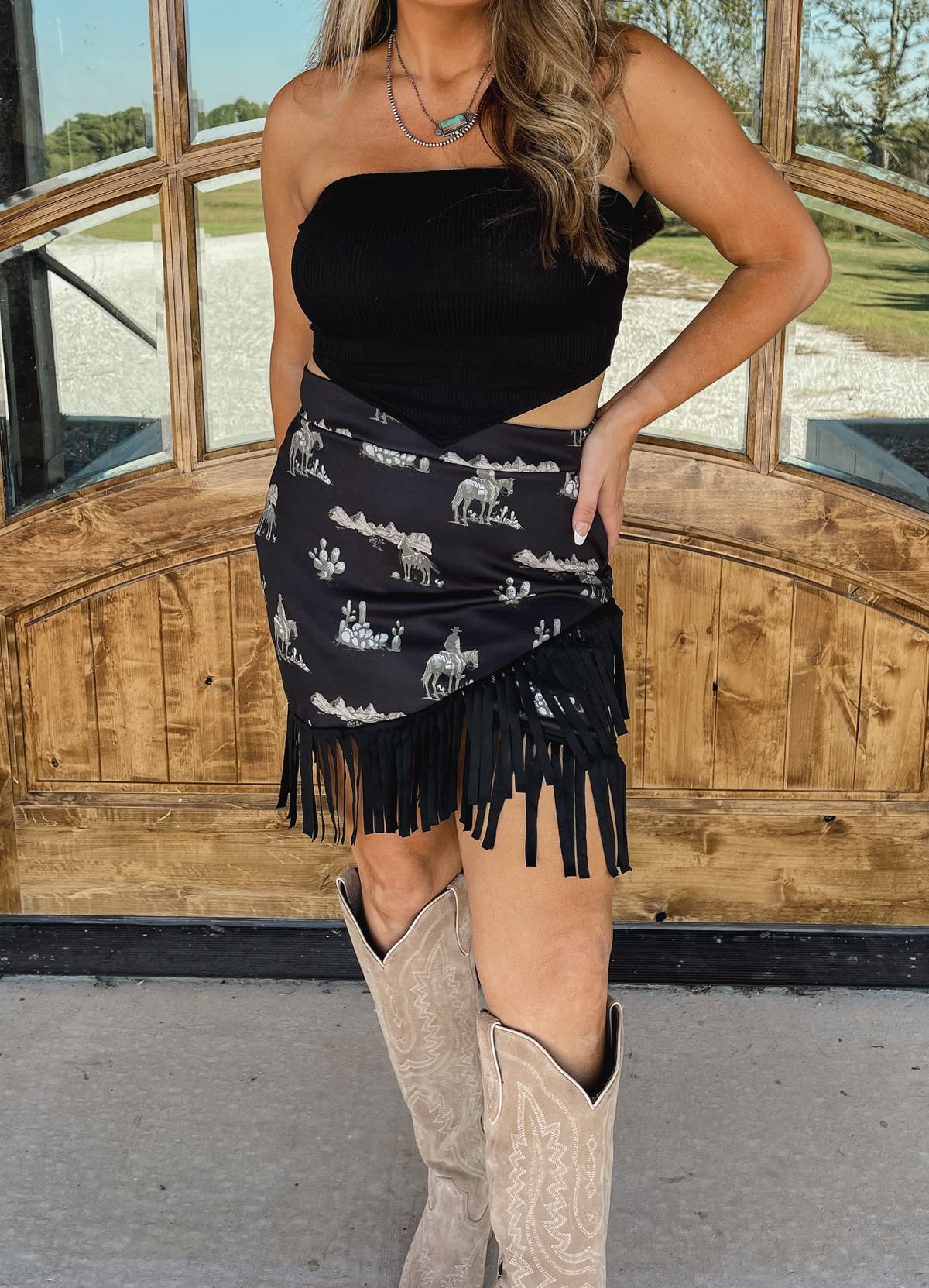 Midi Skirt Black Fringe Skirt Western Tina Asymmetrical Faux Suede