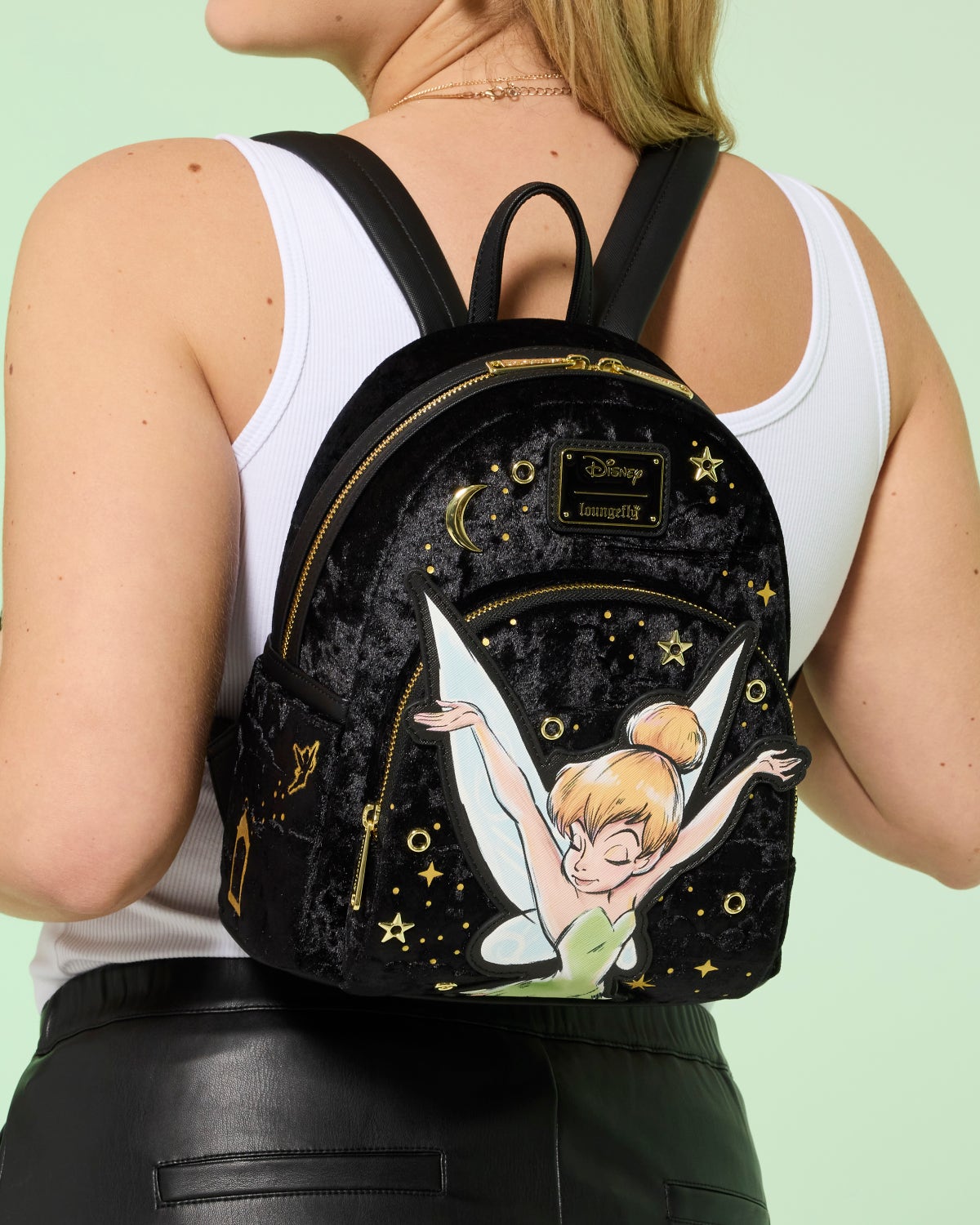 New Loungefly Disney Peter Pan Tinker Bell Pixie Dust Velvet Mini Backpack Check out the new Peter Pan Tinker Bell Floral Mini Backpack  main image 4