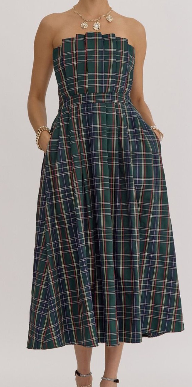 Green Plaid Pleated Midi Dress | Valiano Boutique