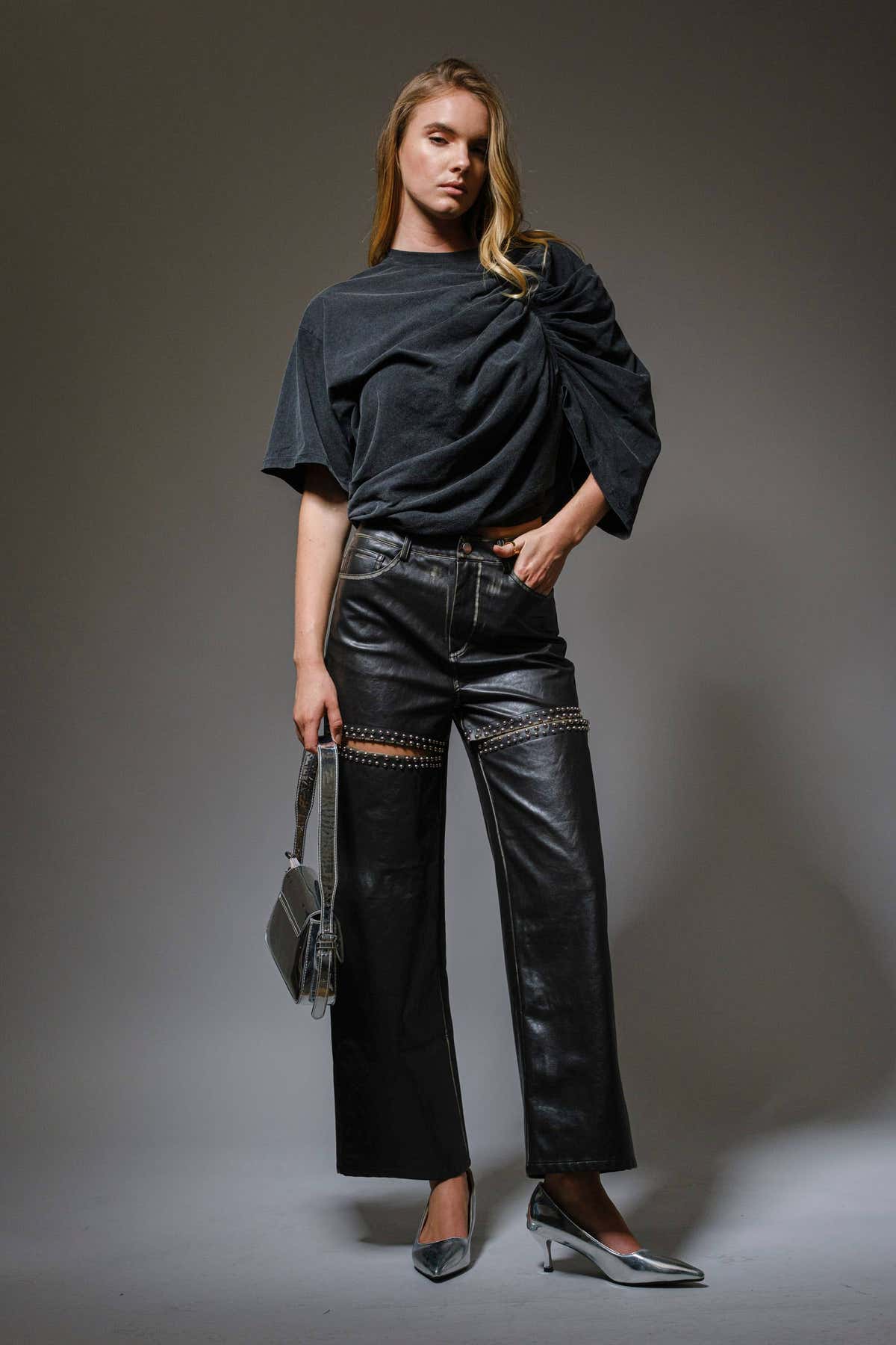 Stone Studded Faux Leather Pants