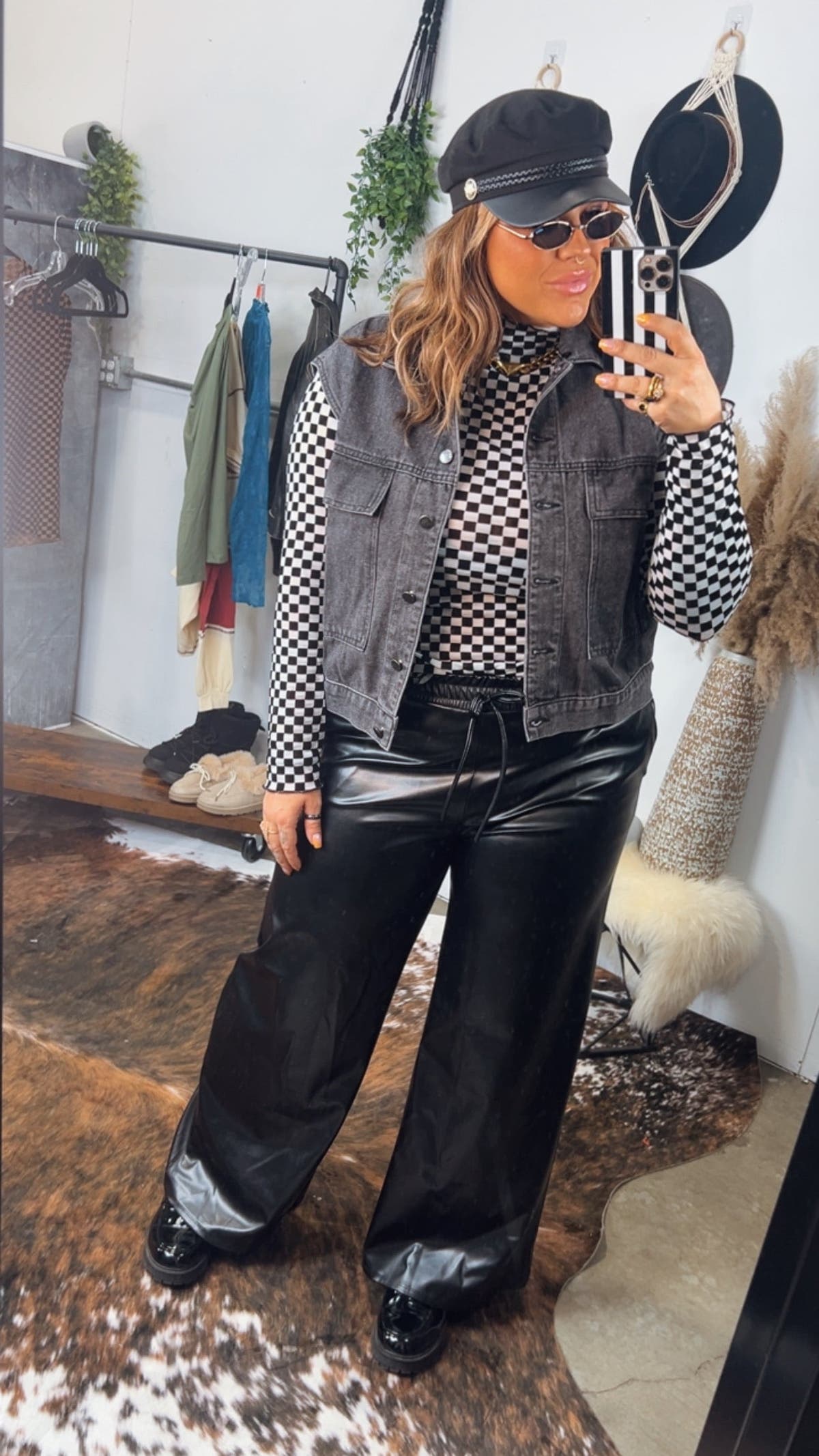 Wide Leg Leather Pants - Black