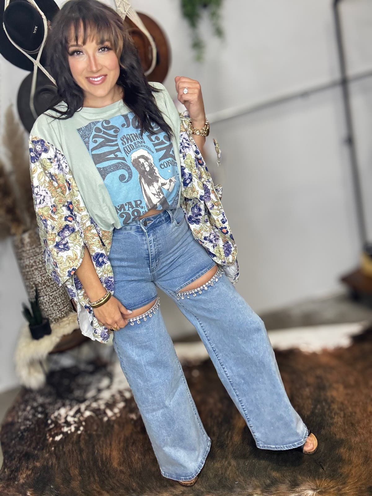 Mid Rise Crystal Slit Bottom Denim Jeans
