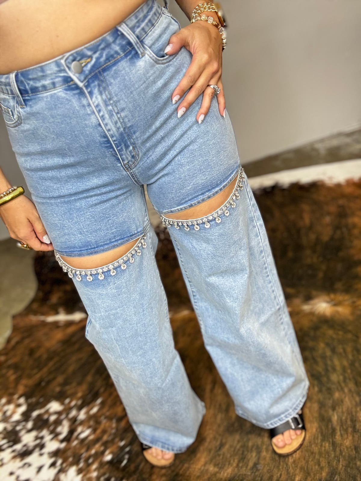 Mid Rise Crystal Slit Bottom Denim Jeans