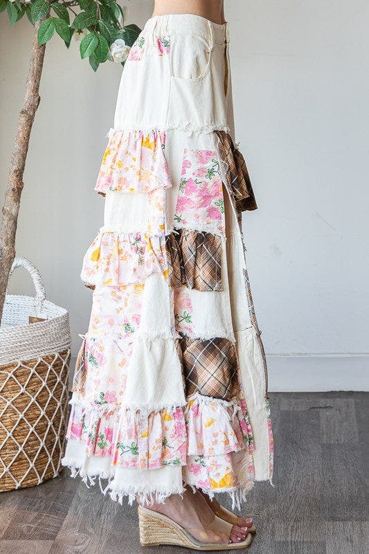 SALE* Washed Plaid Flower Patchwork Skirt - PINK *Final Sale*