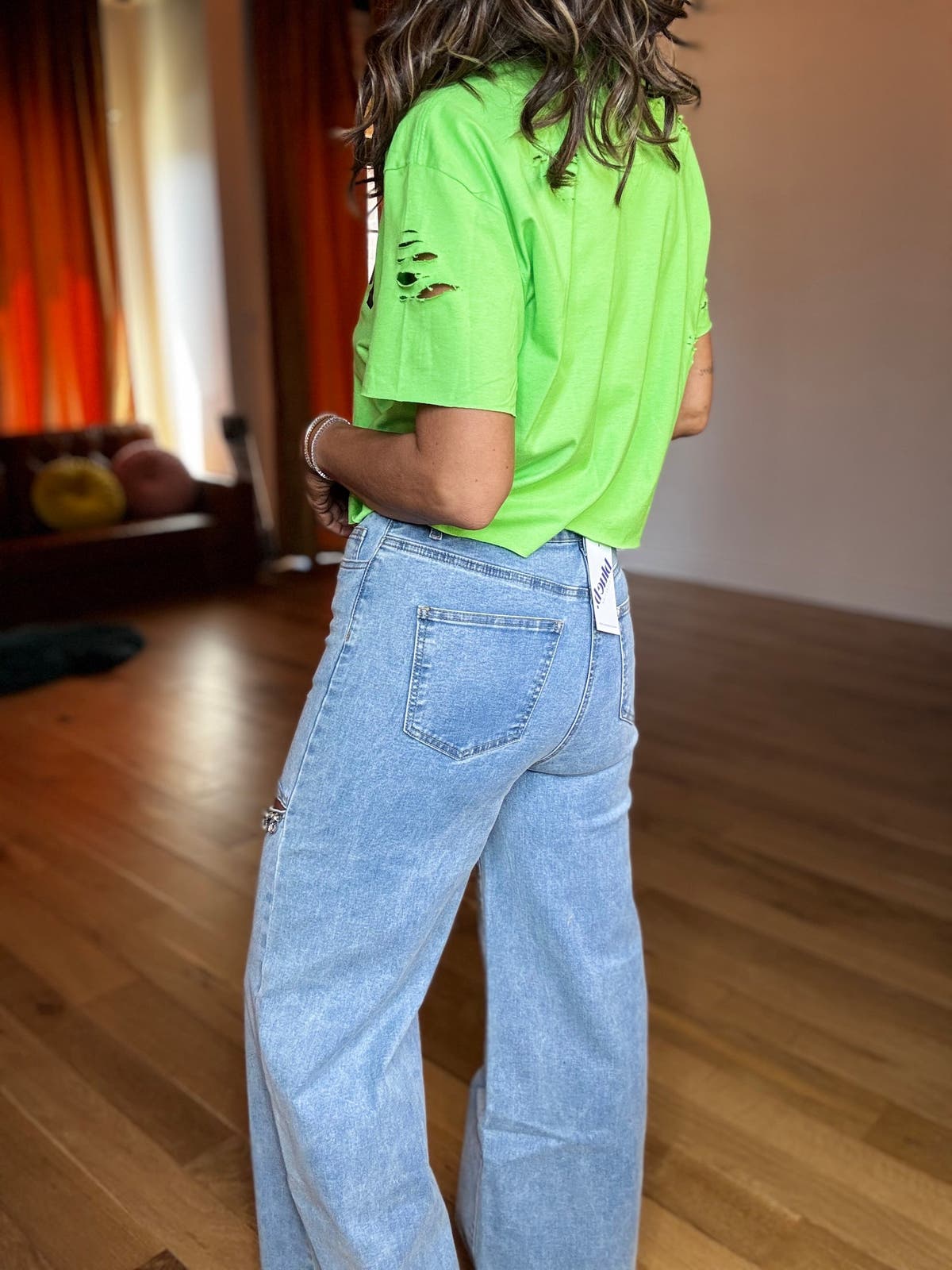 Mid Rise Crystal Slit Bottom Denim Jeans