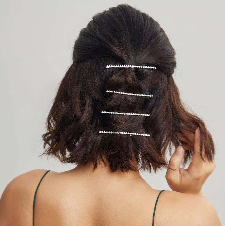 Extra Long Rhinestone Bobby Pins 4 pcs Set - Hematite