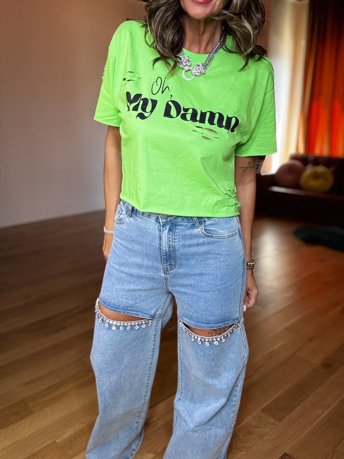 Mid Rise Crystal Slit Bottom Denim Jeans