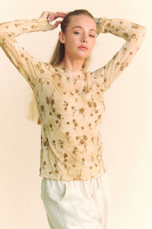 Floral Mesh Long Sleeve Sheer Layering Top - CREAM LATTE