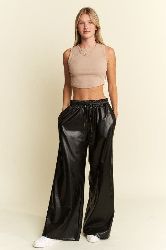 Wide Leg Leather Pants - Black