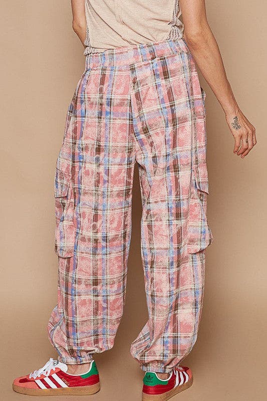 Plaid Cargo Jogger Pants - PINK MULTI