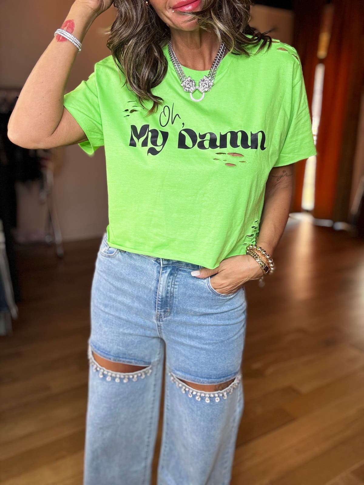 Mid Rise Crystal Slit Bottom Denim Jeans