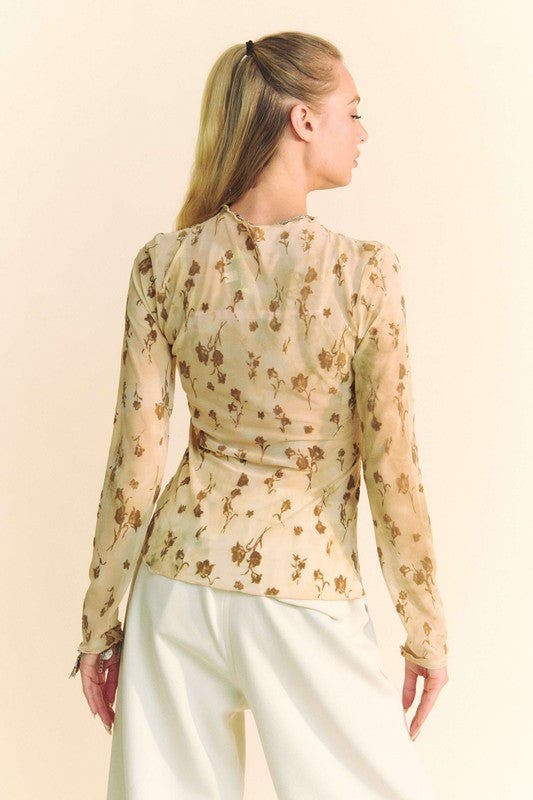 Floral Mesh Long Sleeve Sheer Layering Top - CREAM LATTE