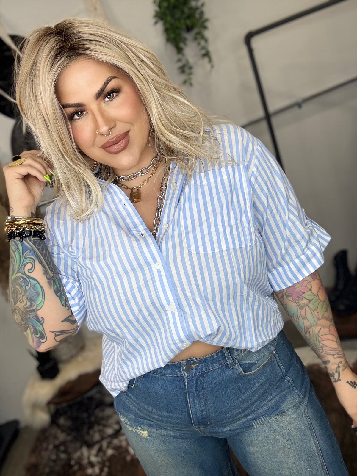 High-Low Button Down - BLUE