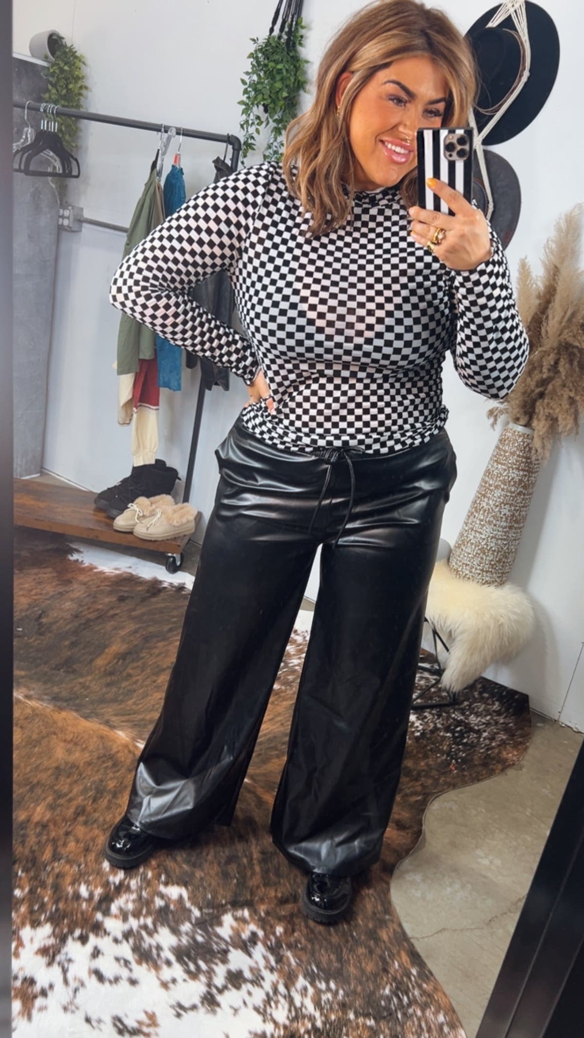 Wide Leg Leather Pants - Black