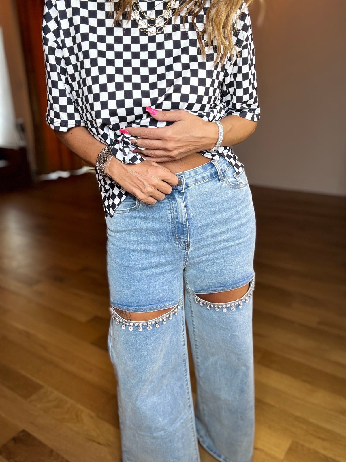 Mid Rise Crystal Slit Bottom Denim Jeans