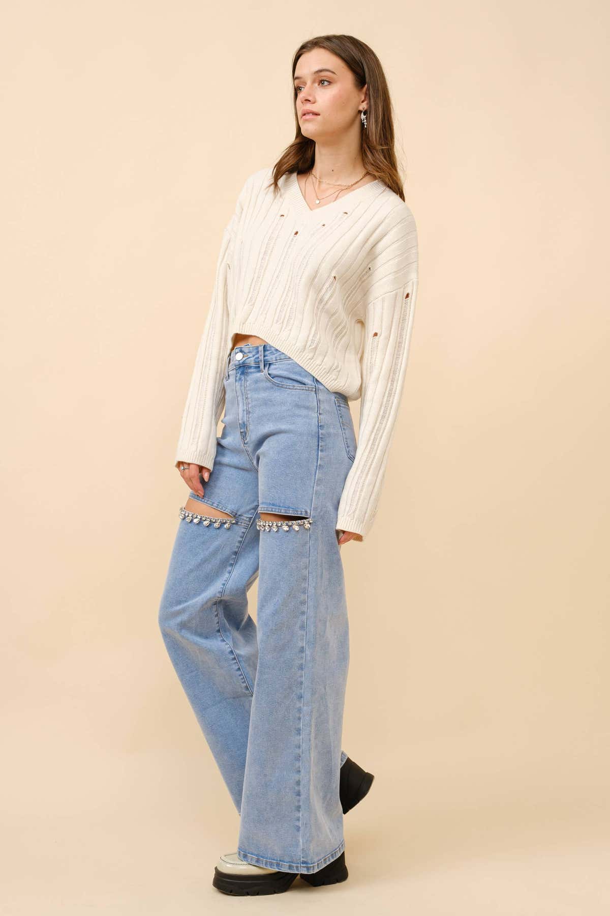 Mid Rise Crystal Slit Bottom Denim Jeans