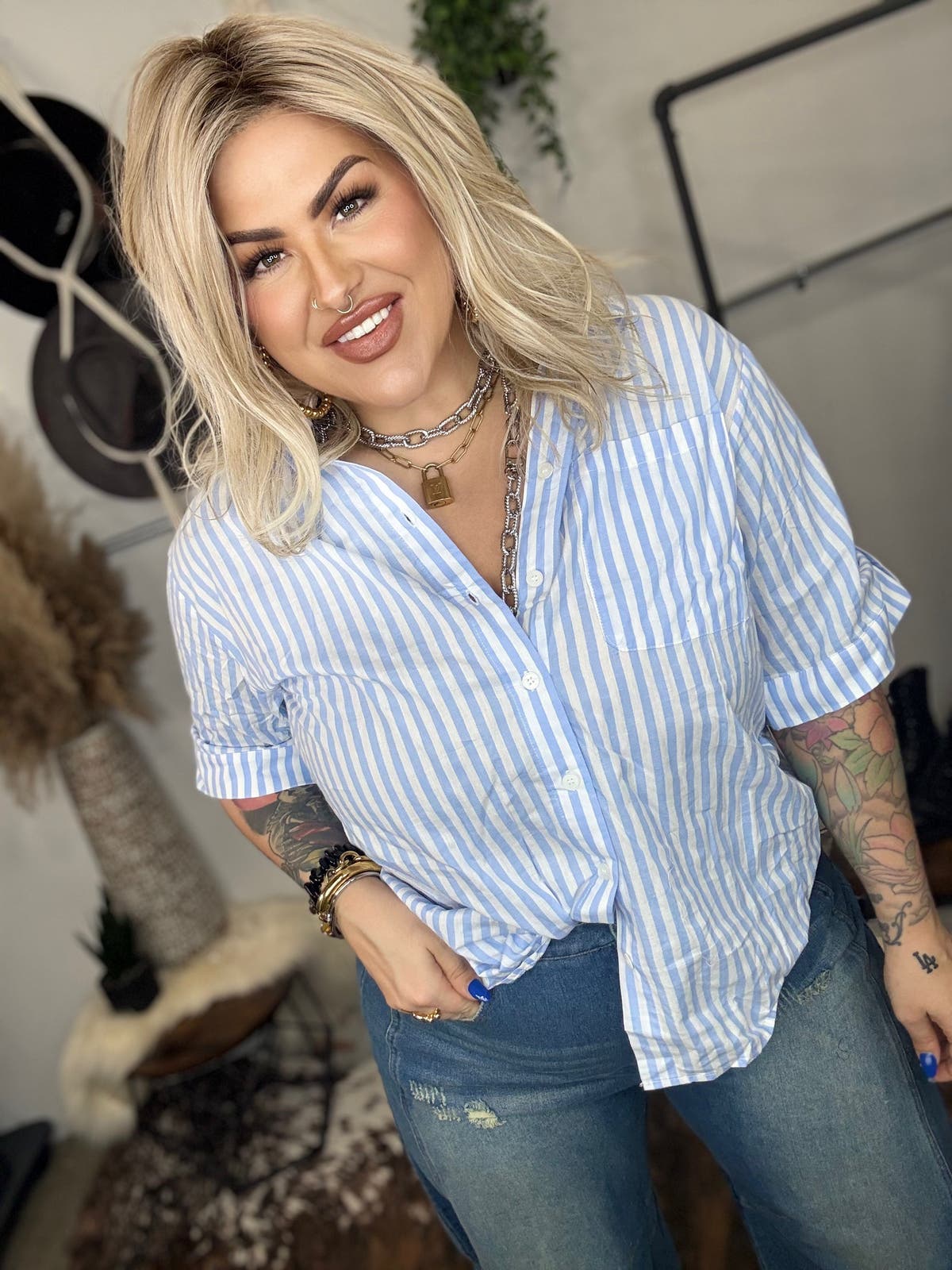 High-Low Button Down - BLUE