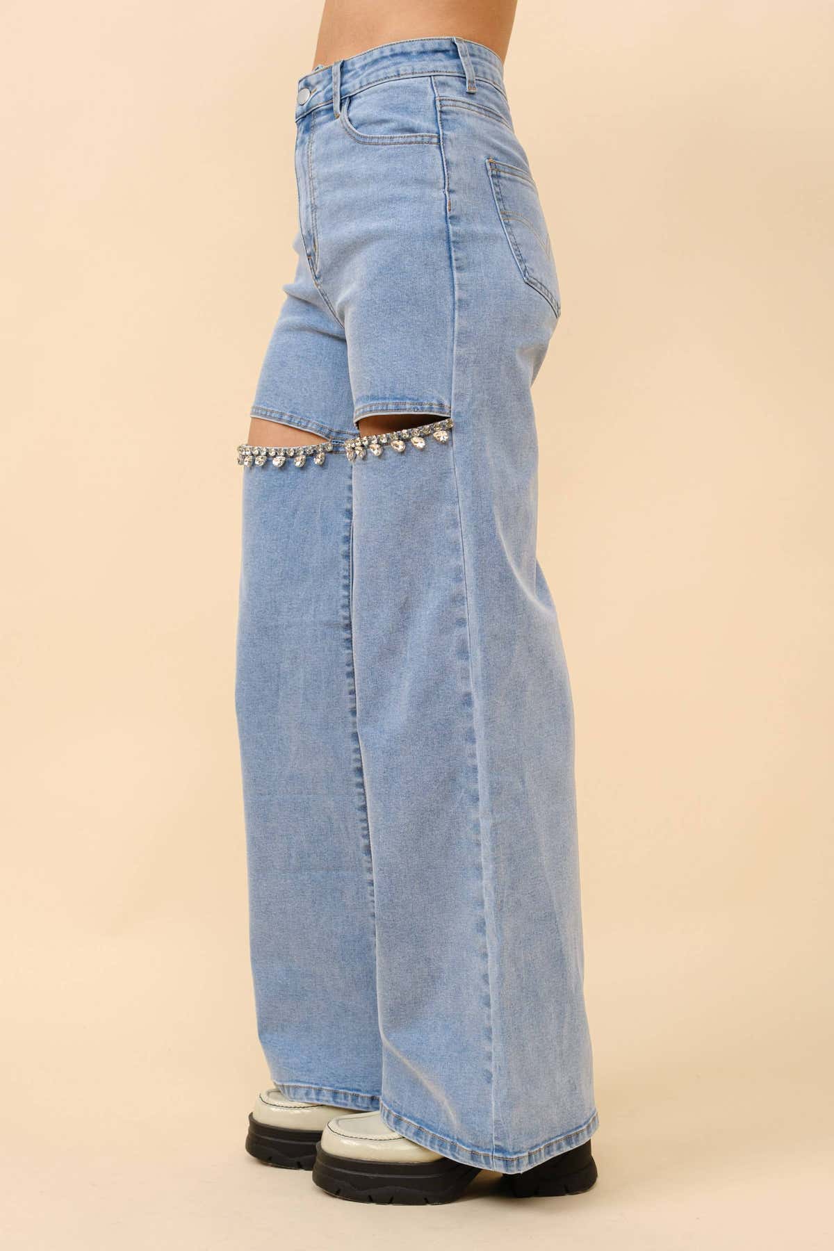 Mid Rise Crystal Slit Bottom Denim Jeans