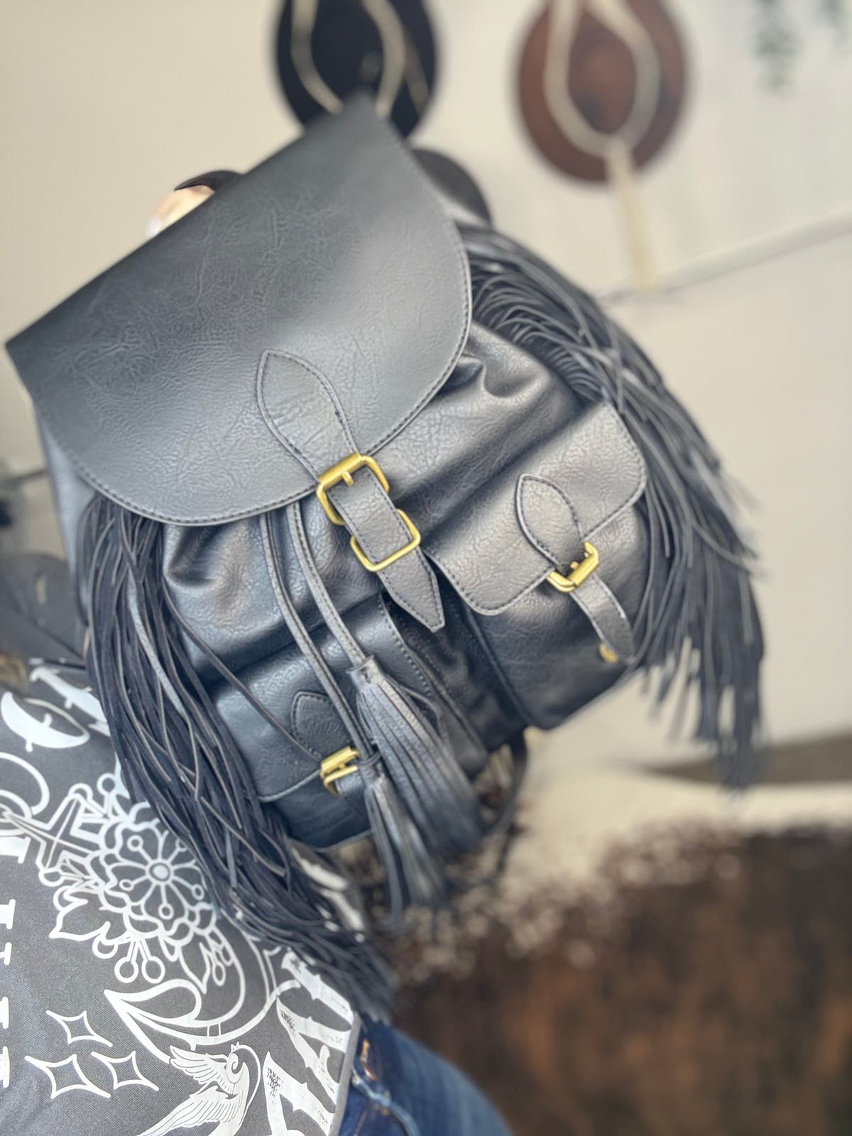 Buckle Fringe Backpack - BLACK