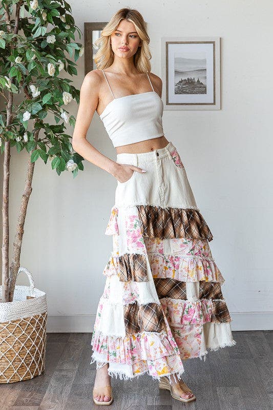 SALE* Washed Plaid Flower Patchwork Skirt - PINK *Final Sale*