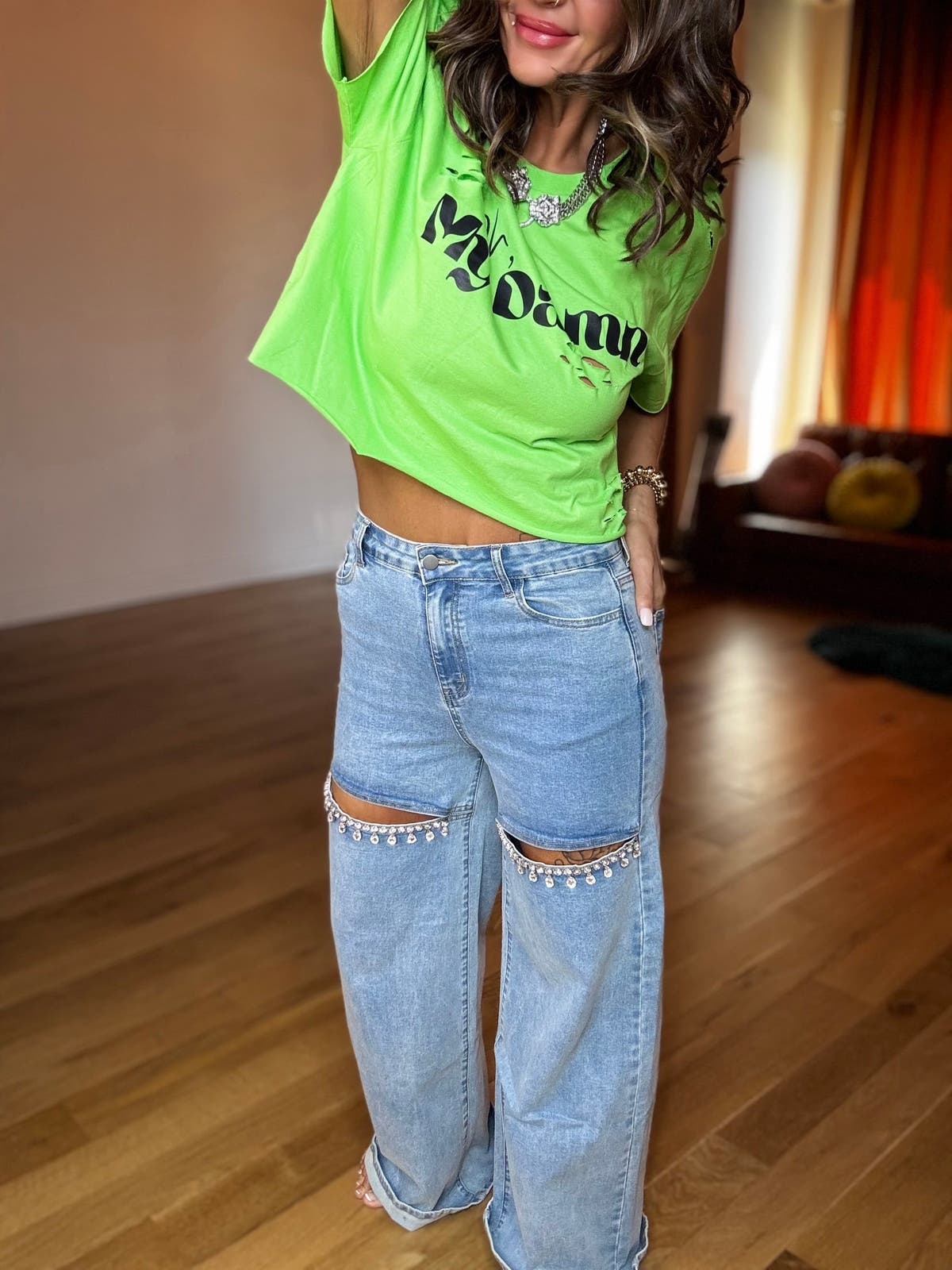 Mid Rise Crystal Slit Bottom Denim Jeans