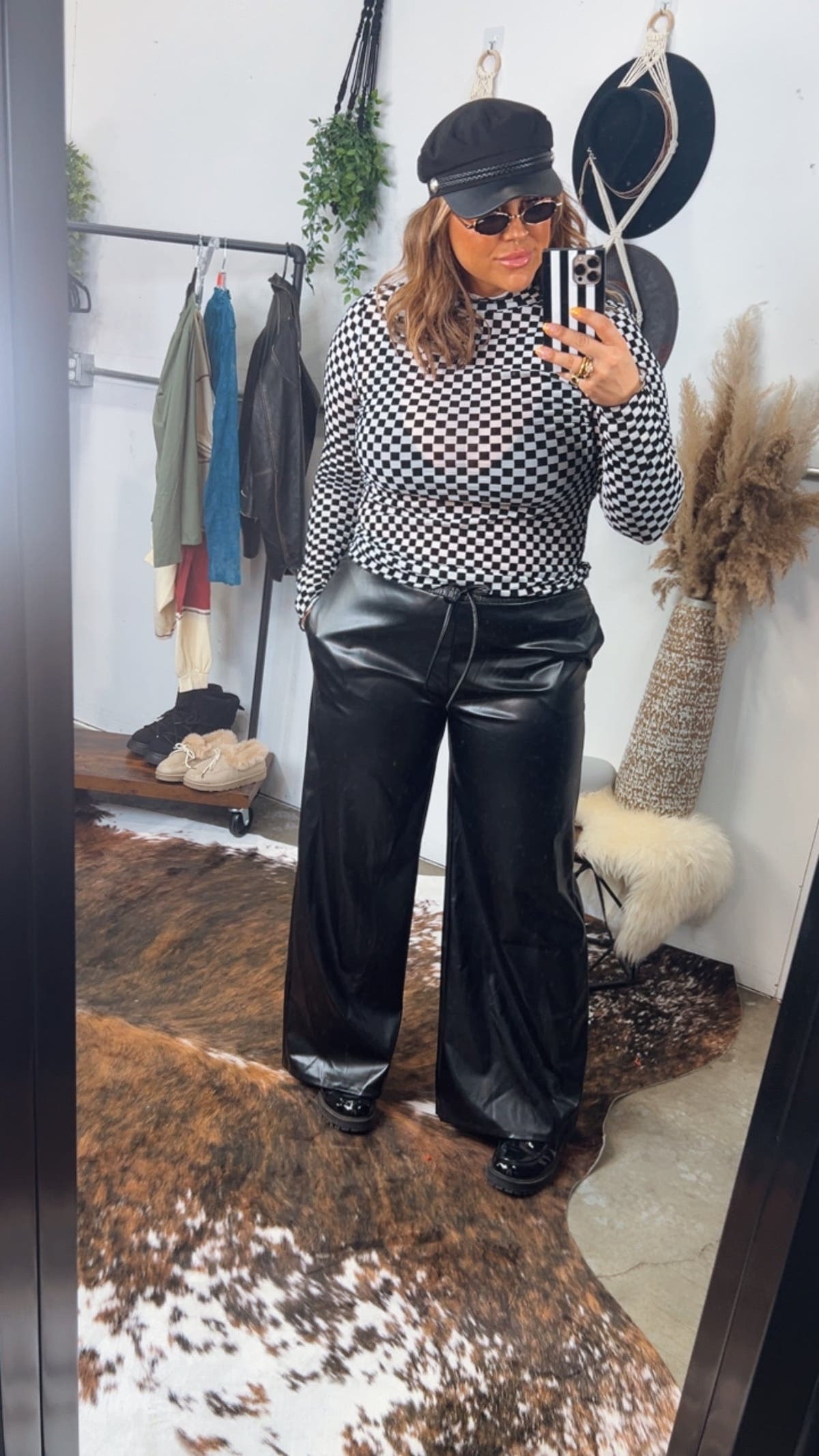 Wide Leg Leather Pants - Black