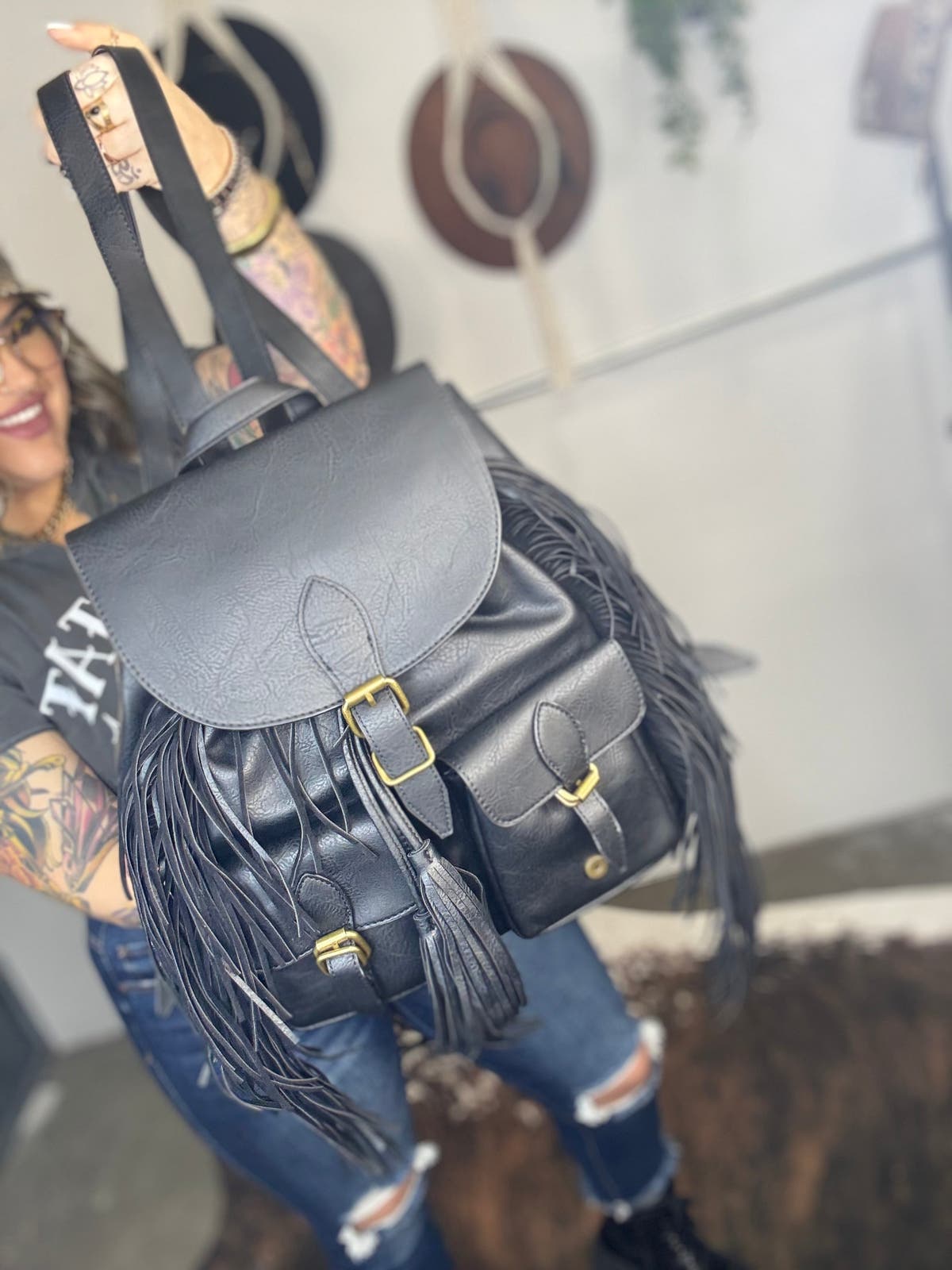 Buckle Fringe Backpack - BLACK