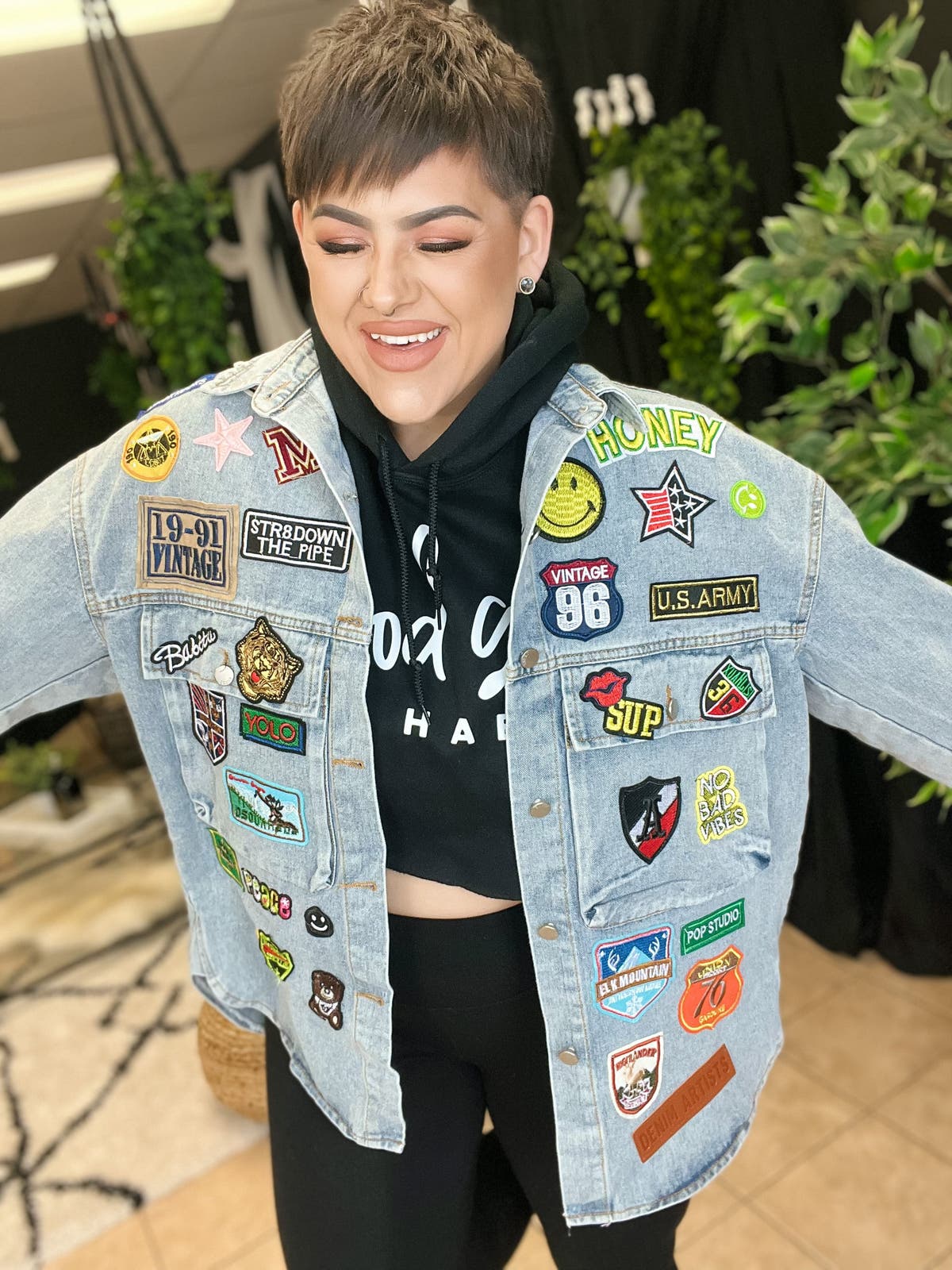 Patched Denim Jacket - Denim