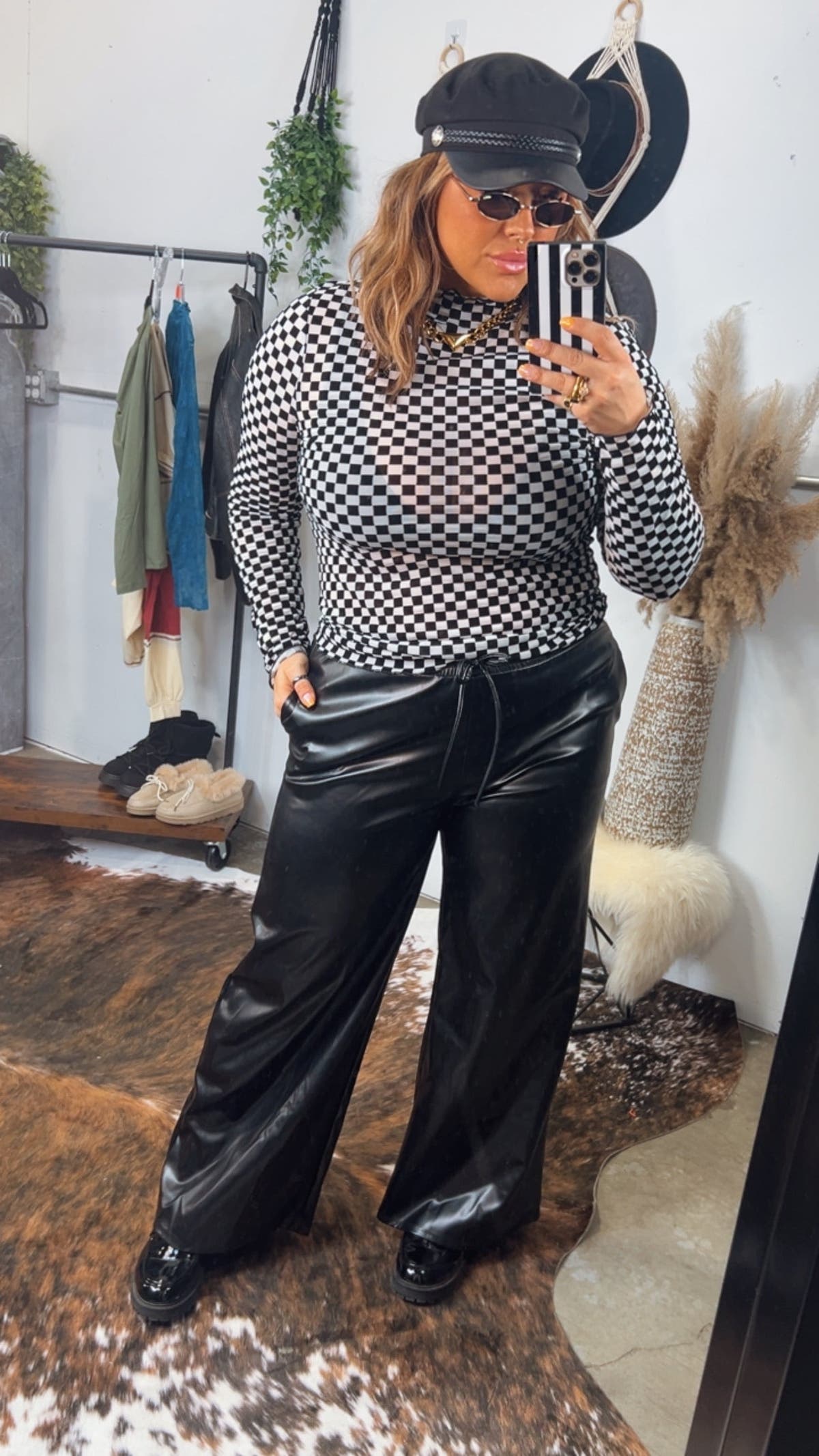 Wide Leg Leather Pants - Black