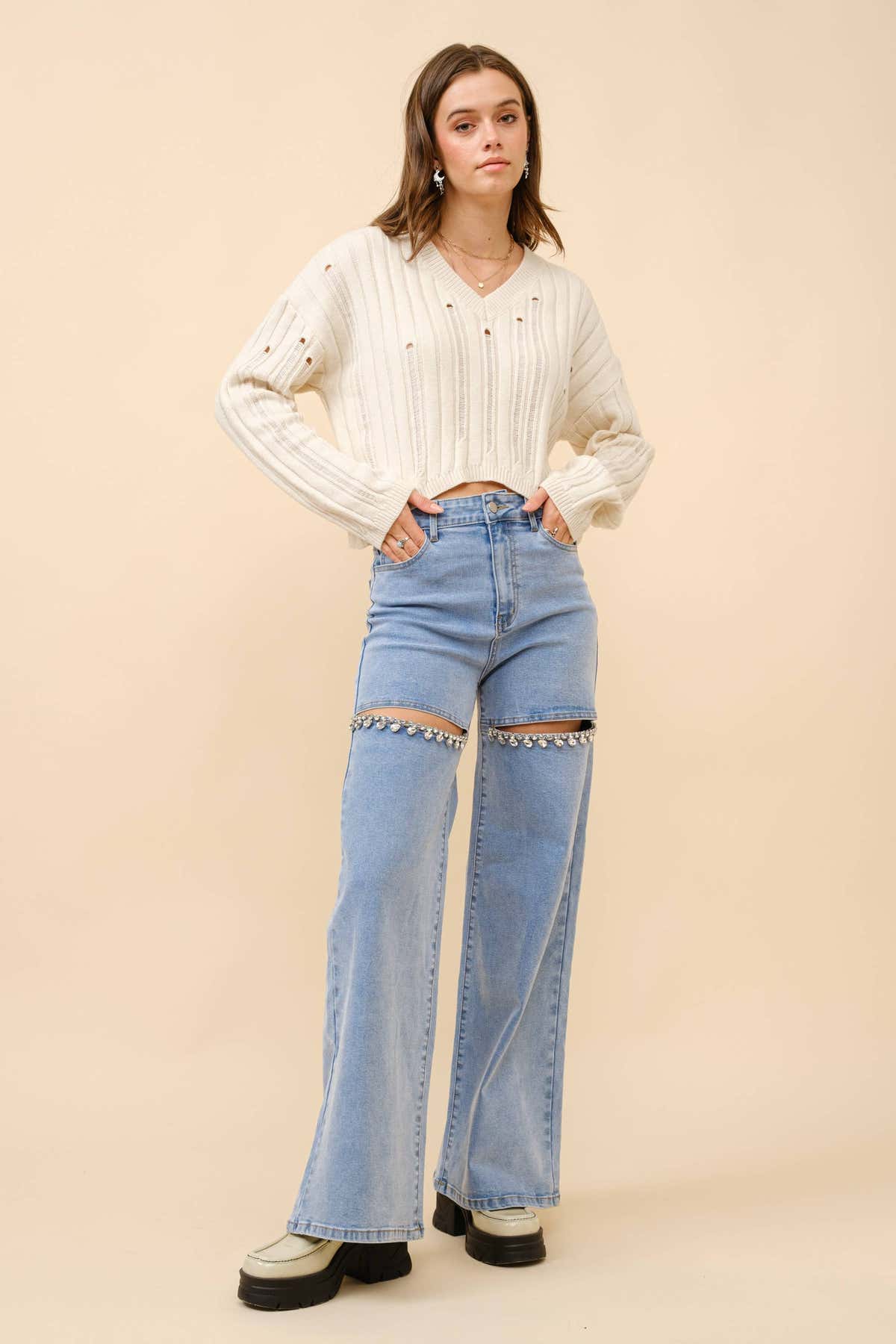 Mid Rise Crystal Slit Bottom Denim Jeans