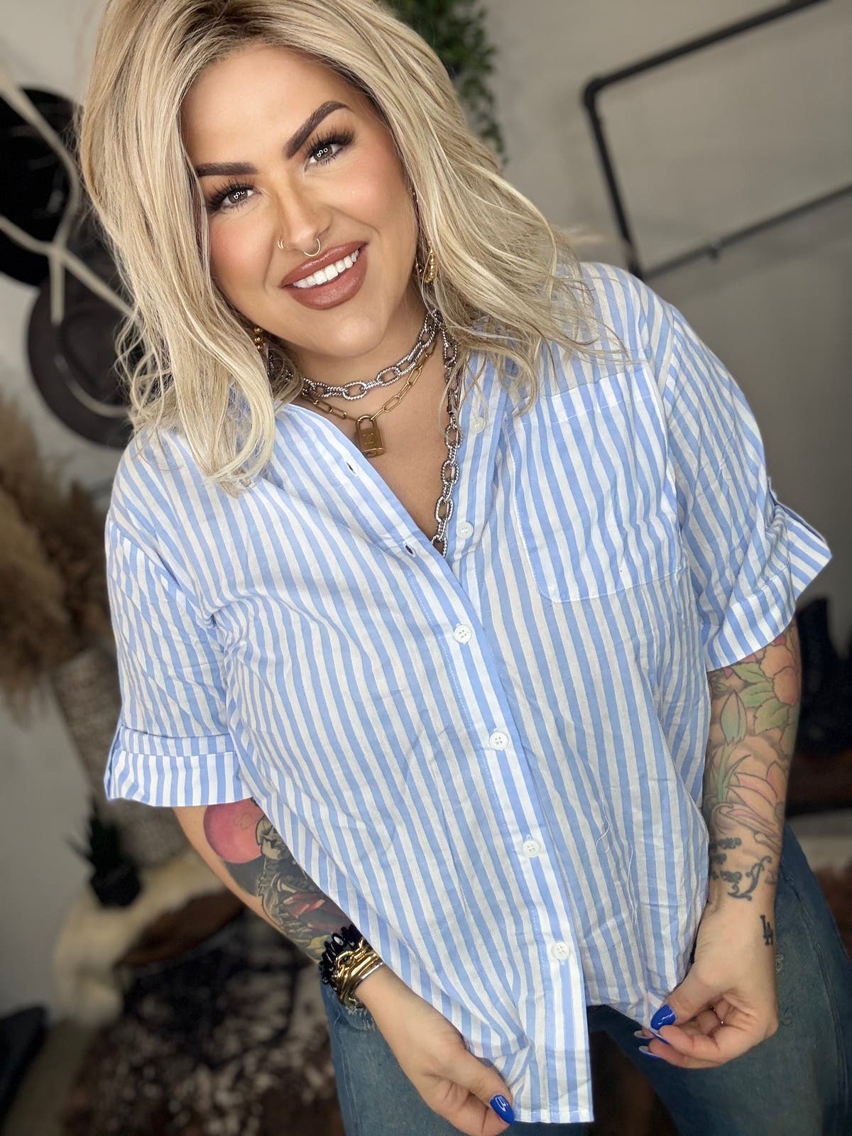 High-Low Button Down - BLUE