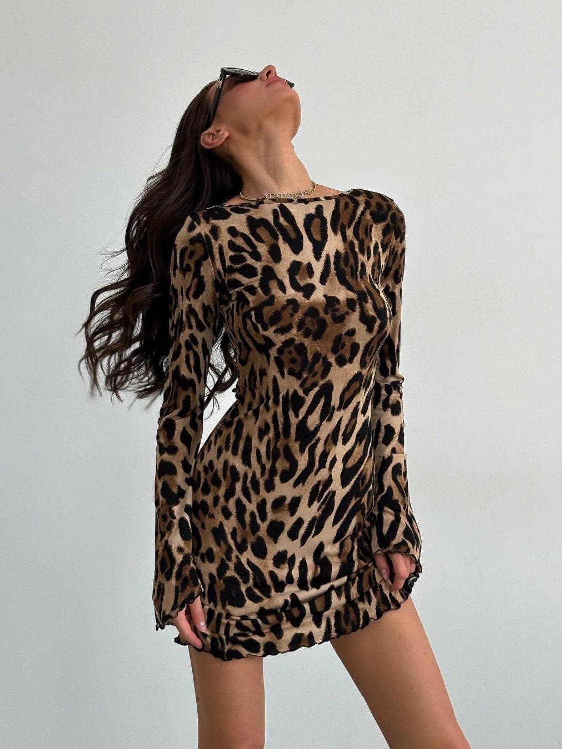 blue dress for baby girl Backless Round Neck Long Sleeve Mini Dress Tan / S