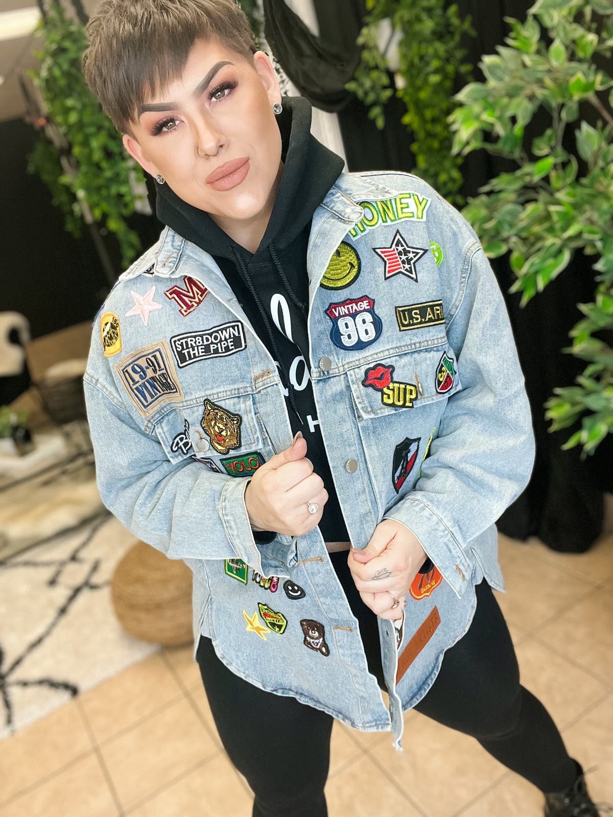 Patched Denim Jacket - Denim