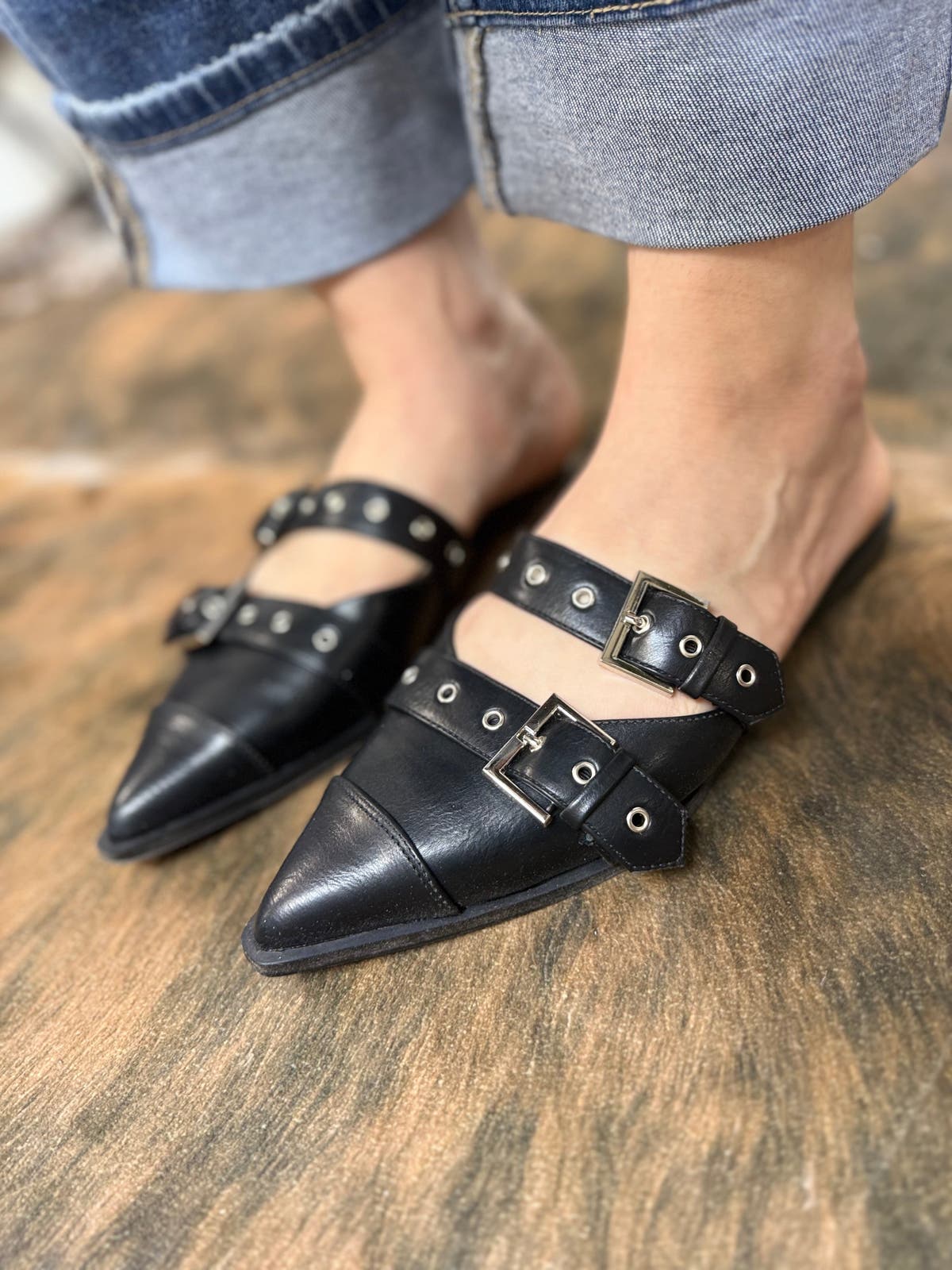 Buckled Slip-On Flats - BLACK