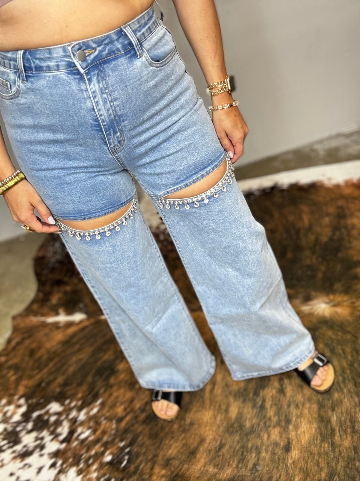 Mid Rise Crystal Slit Bottom Denim Jeans
