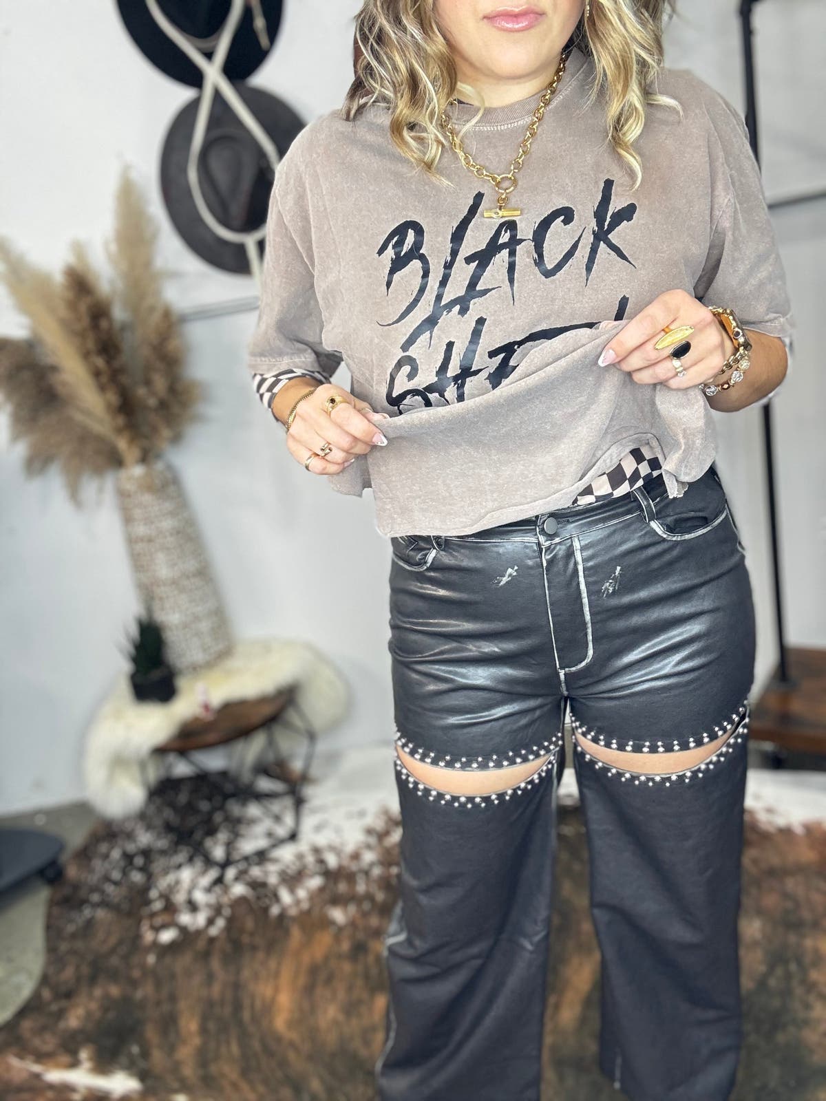 Stone Studded Faux Leather Pants
