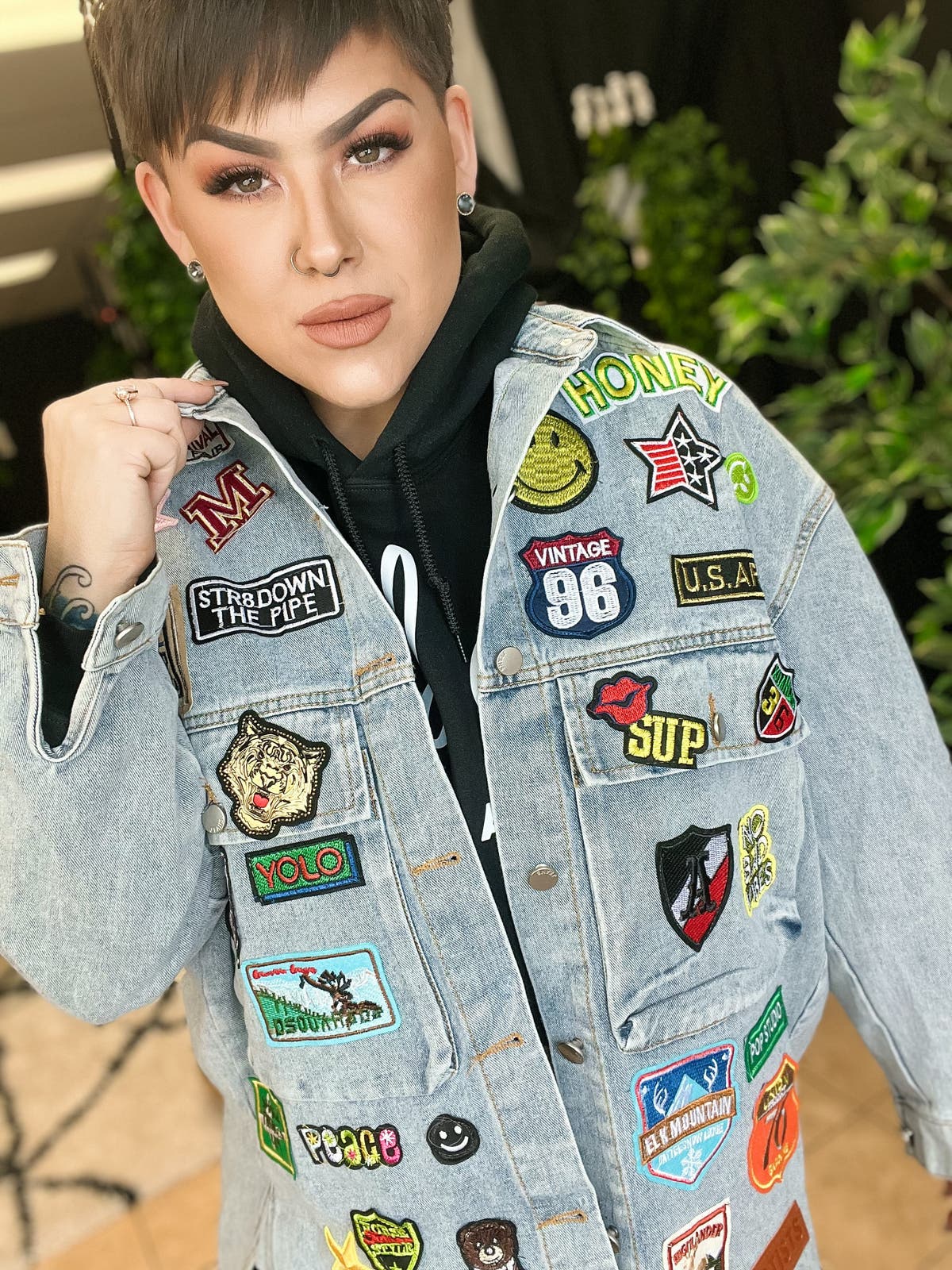 Patched Denim Jacket - Denim