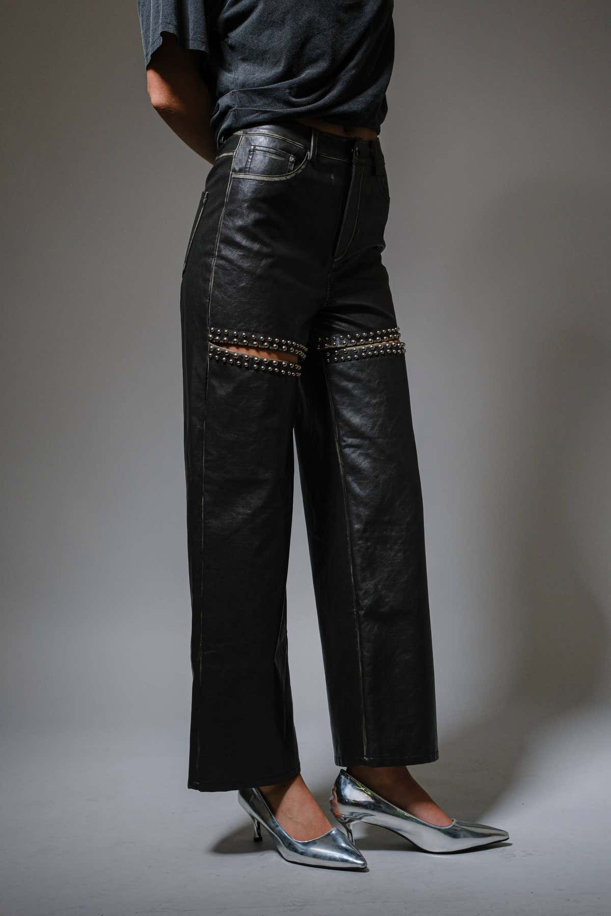 Stone Studded Faux Leather Pants