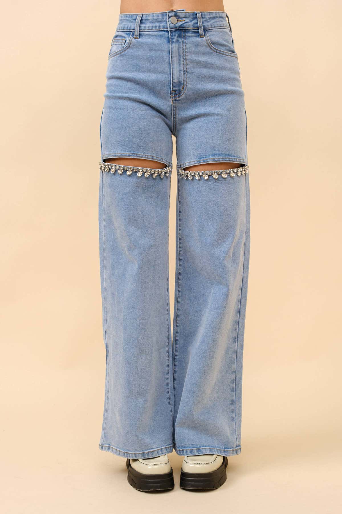 Mid Rise Crystal Slit Bottom Denim Jeans