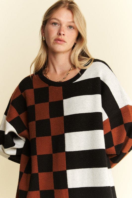 Checkered And Striped Oversized Sweater Dress | Velvet Noire Boutique