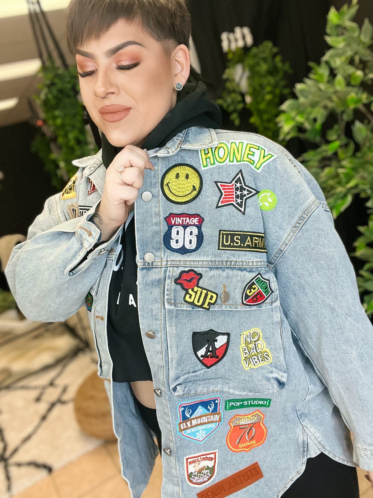 Patched Denim Jacket - Denim